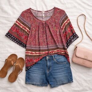 Forever 21 Floral Boho Top Red Black Flowy Blouse Size S